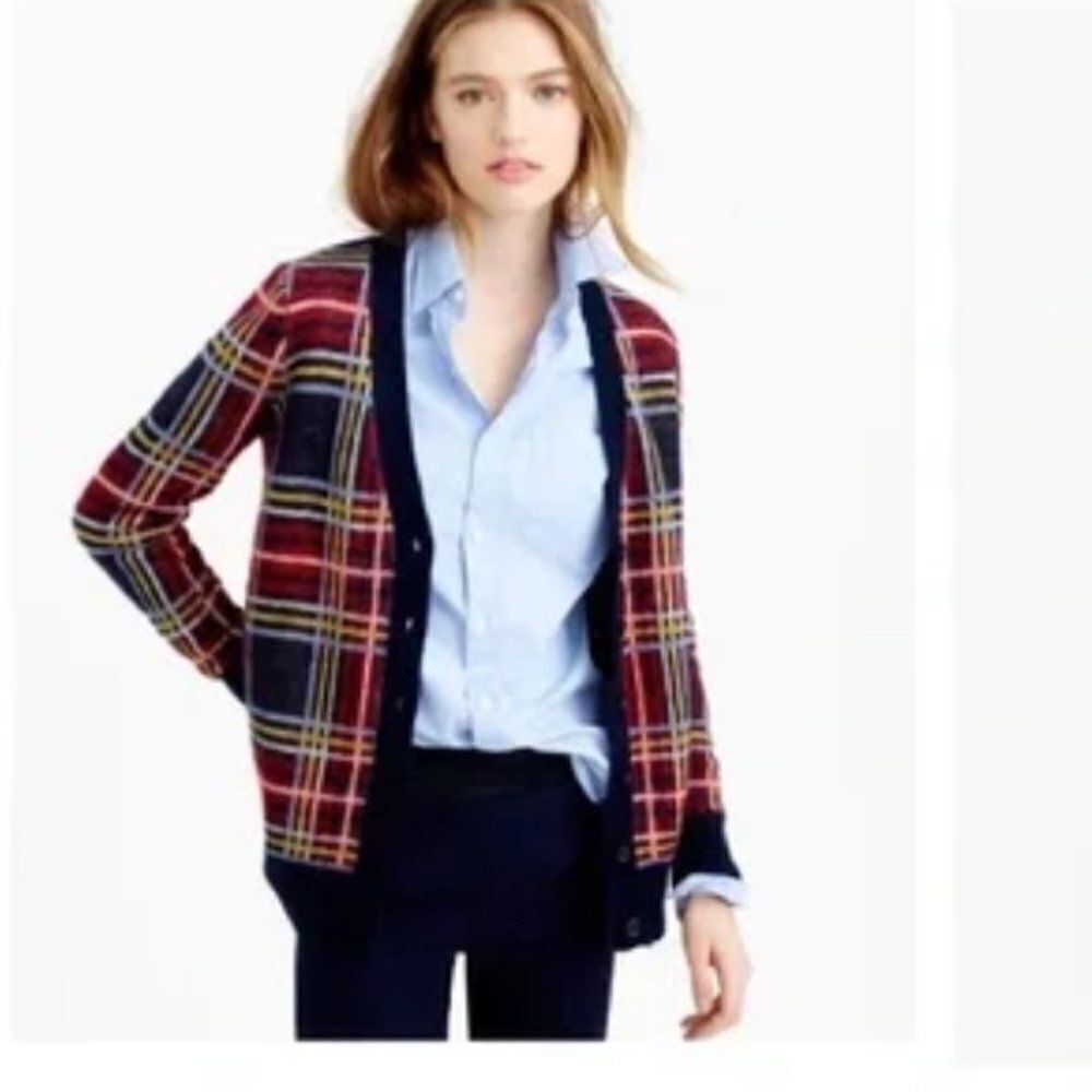 J Crew Womens‎ Cardigan Sweater Small Red Blue Plaid Wool Mohair Pockets Buttons
